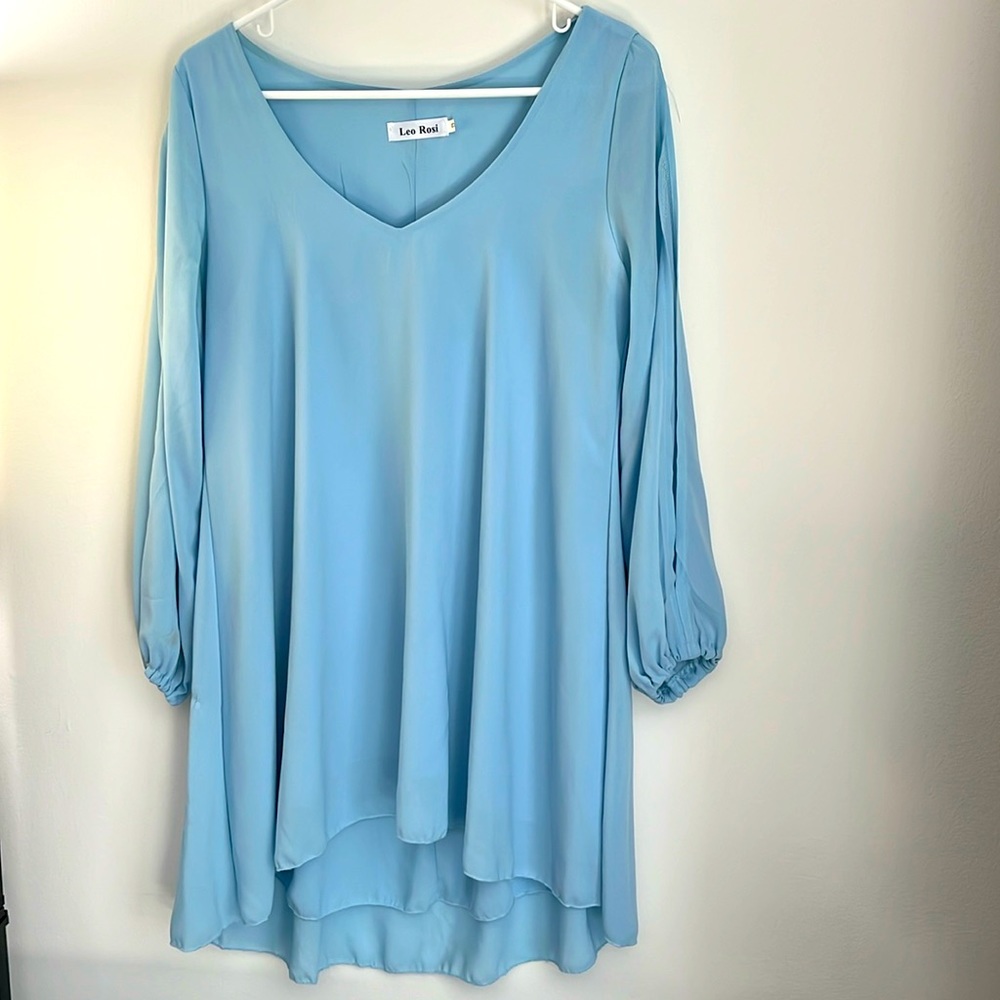 Leo Rosi Powder Blue Flowy Cocktail Dress with Long Sleeve, Slit Sleeves